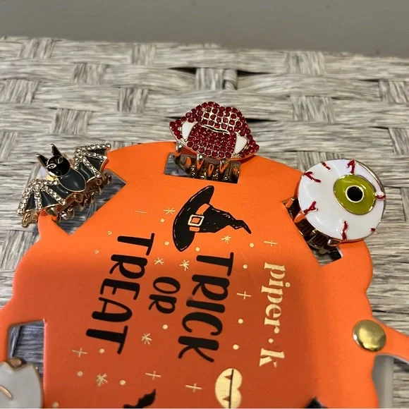 Piper K Halloween Rhinestone Hair Clips Set Eyeball Fangs Bat Skull Spider Ghost - Picture 2 of 4